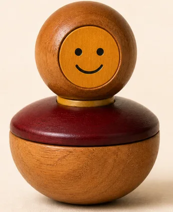 Rounded wooden figurine with a smiling face and red lacquer-coloured body